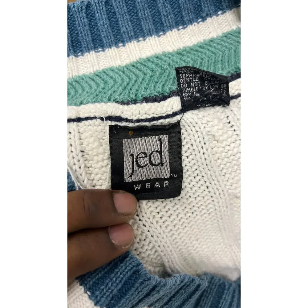 🧵 JED Wear V-Neck Cable Knit Sweater L – Vintage Tennis Ivy Preppy Style Tennis - Picture 4 of 5